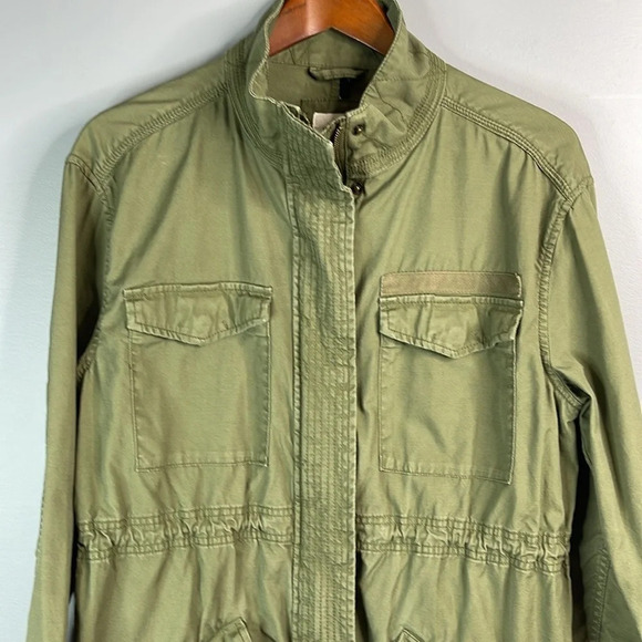 GAP Olive Green Canvas Long Field Utility Jacket Drawstring Zip Snap Army S - Picture 3 of 14